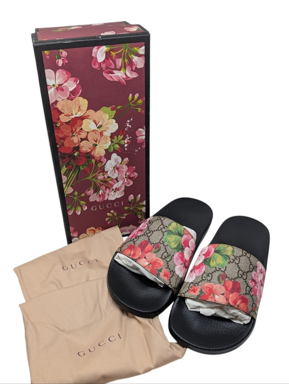 Gucci GG Web Supreme Bloom Pursuit Floral Slide Sandals Size EU 40